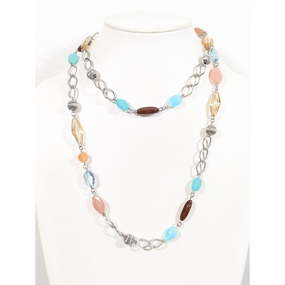 Lia Sophia Blue Brown‎ Acrylic Bead Silver Tone Chain Long Necklace Beachy Coast